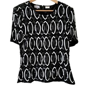 Stenay Black and White Silk Sequin Top Size XL